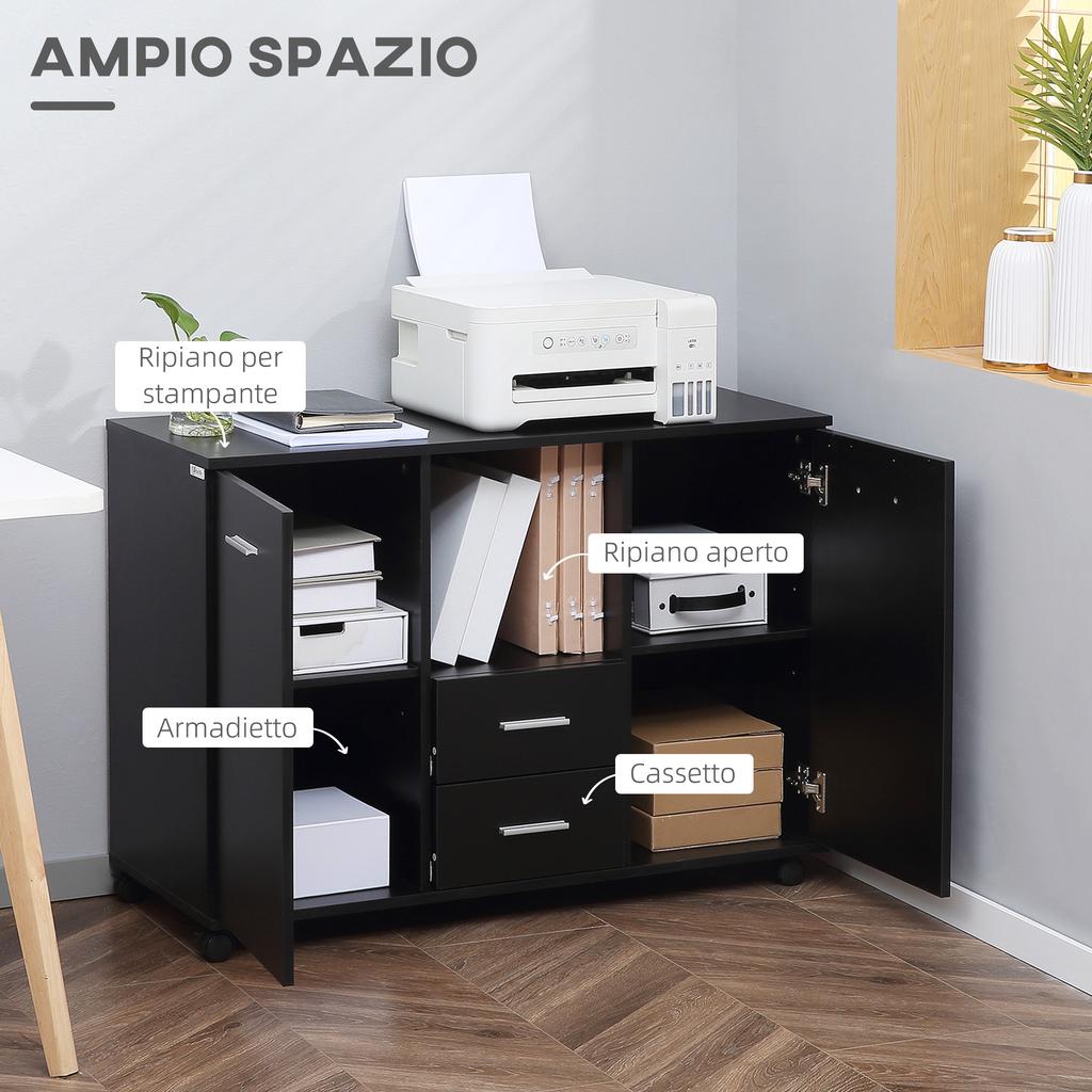 Multifunctional Office Cabinet with 360 degrees Wheels, for Printers and Files, in Black Wood 100x40x71cm