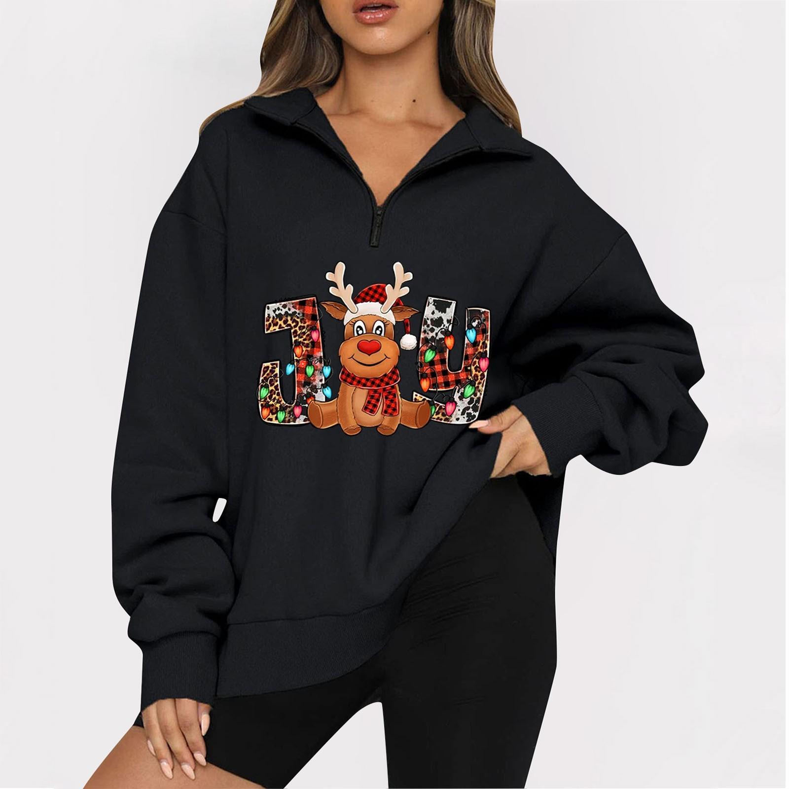 

Women s Casual Fashion Long Sleeve Christmas Print Casual Lapel Zip Sweatshirt XL чорний