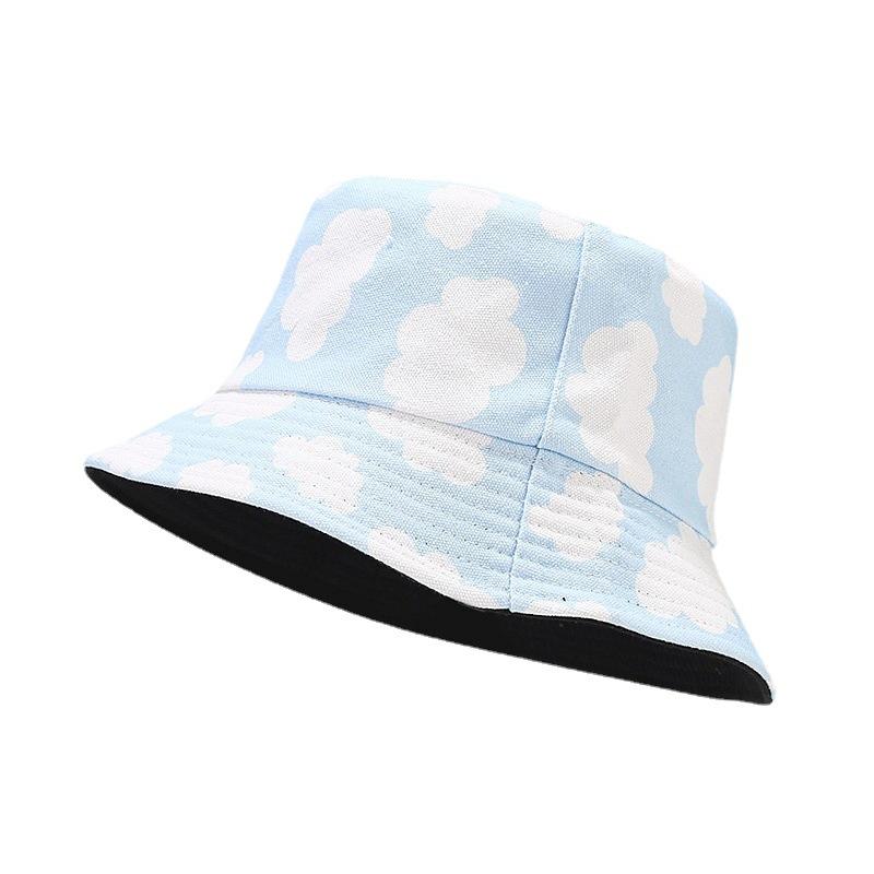 Spring new canvas bucket hat men and women refreshing blue sky white cloud pattern double-sided basin hat spring and summer outdoor hat