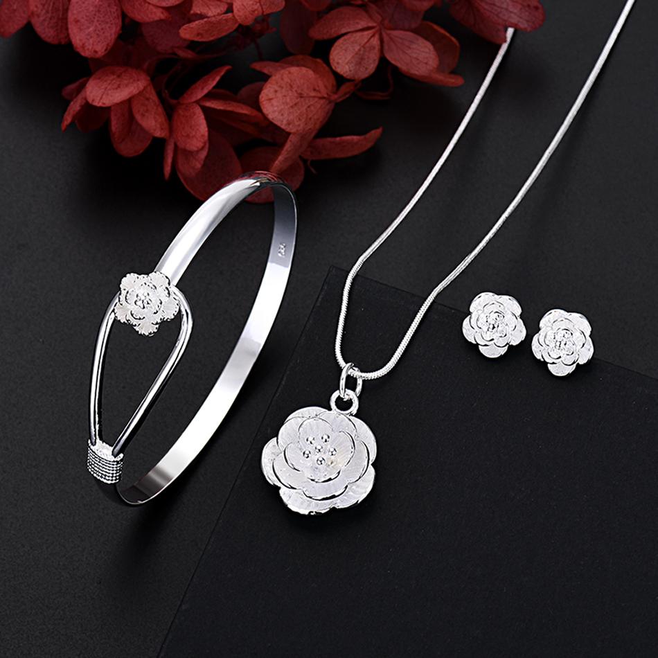 

Silver Charm Flower Necklace Earring Bangle Jewelry for Women Retro Set Wedding Gift TRENDY Lovely 26 Inch