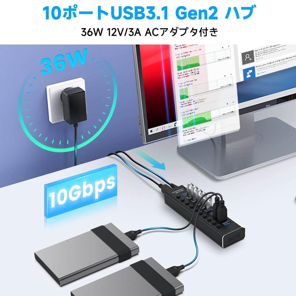 ROSONWAY USB Hub Gen2 10Gbps Aluminum 36W USB Hub with USB and AC and Independent Switch 3.1 10-Port Self-Powered Type-C Cables, 12V/3A Adapter,