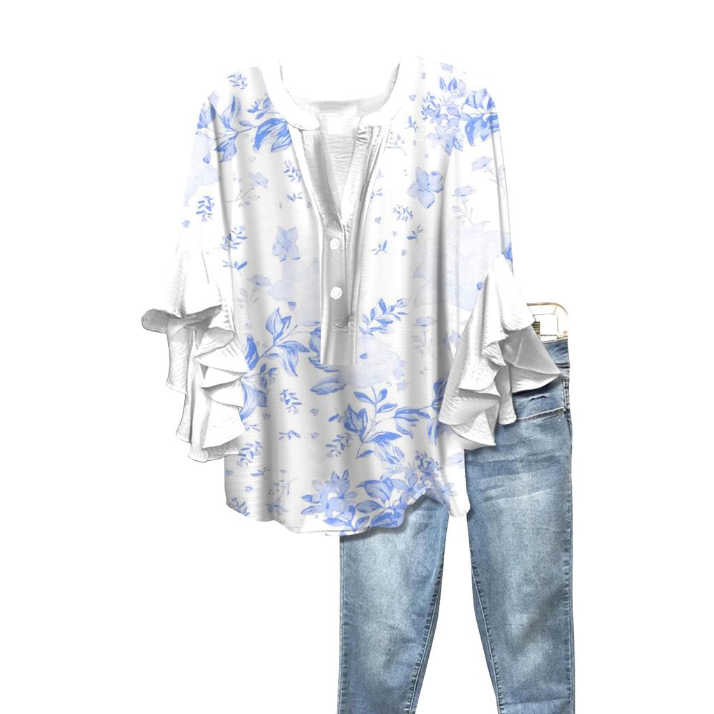 Summer Women's Tops V-Neck Seven Sleeve Shirt Spring Summer Floral Printed Tops Casual Shirt