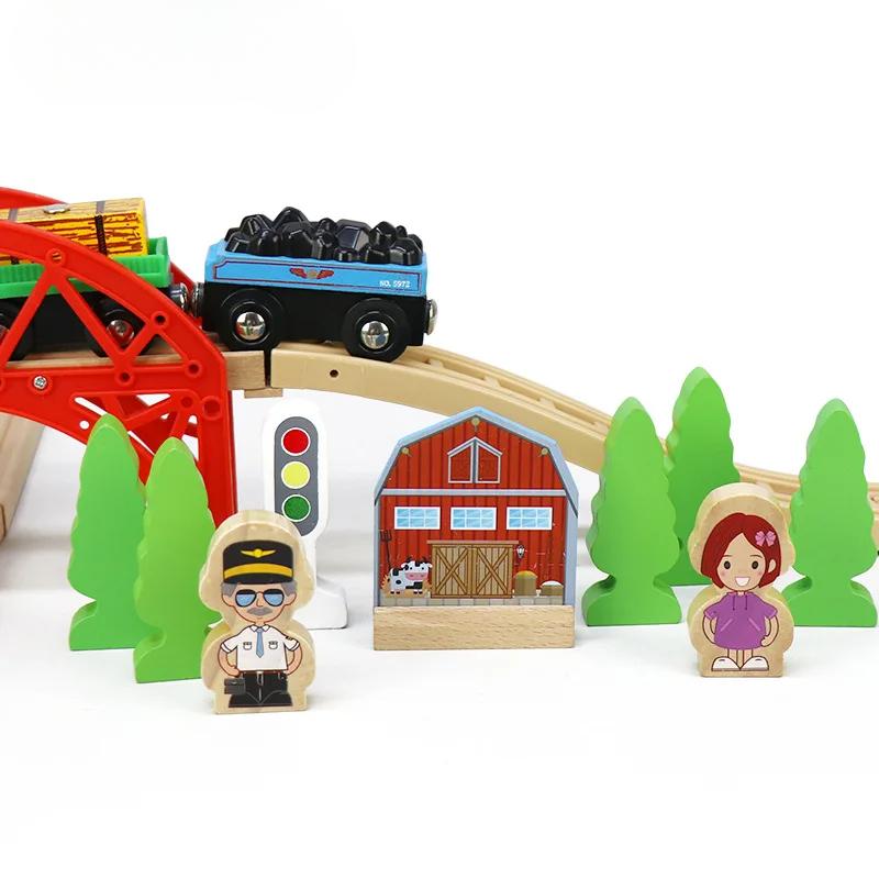 Children's Wooden Track Set, Red Bridge 8 Track Magnetic Small Train Assembly Combination Scene Boys and Girls Toys Gift