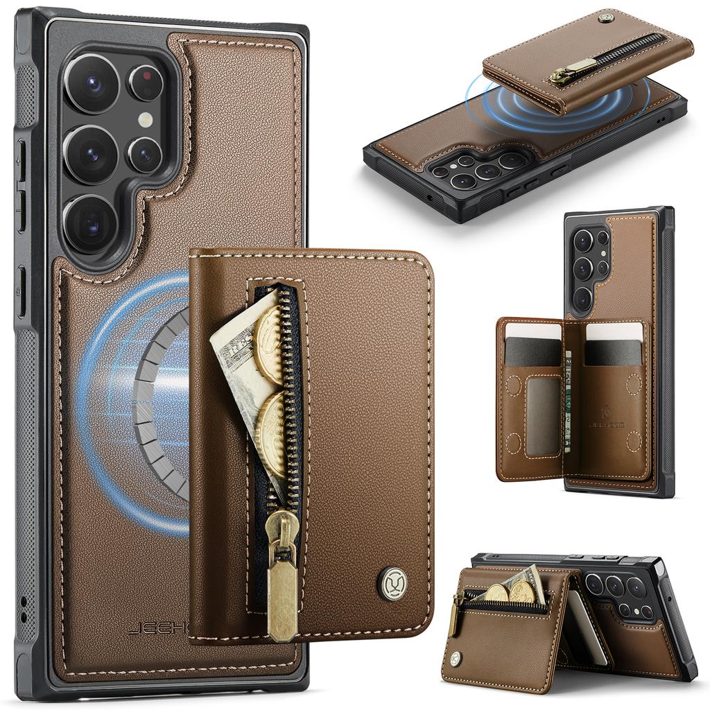 For Samsung Galaxy S22 Ultra 5G Case JEEHOOD J12 Magnetic Detachable Zipper Wallet Kickstand Leather Back Cover Magnetic Case