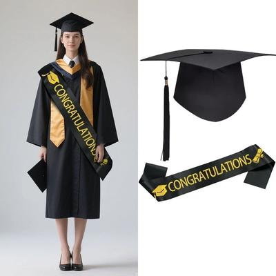 Black Golden Graduation Set Class of 2026 With Tassel Tassel Bachelor Cap Badge Plain Cloth Satin Graduation Shoulder Strap