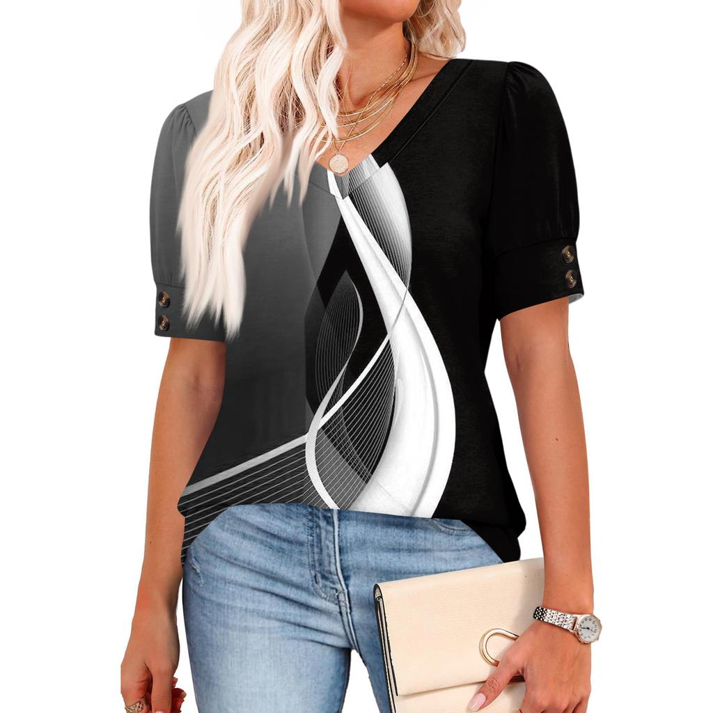 Womens Tops Short Sleeve Shirts Buttons V Neck  Fashion Outfits  Blouses  Casual