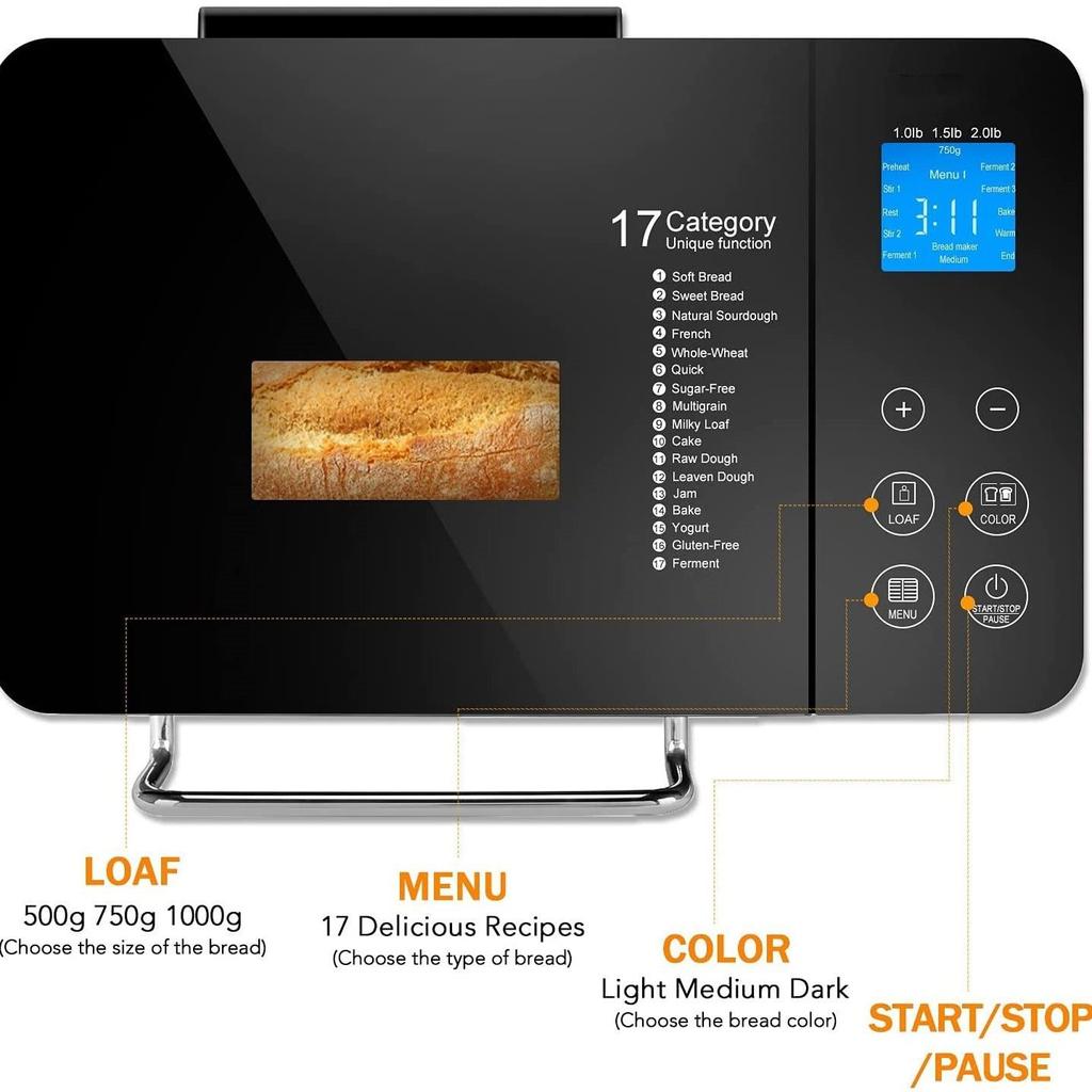 Gluten-free bread machine, 17-in-1 bread maker, 2-pound American-style Italian whole wheat bread, knead dough, proof, bake, 2.8-inch