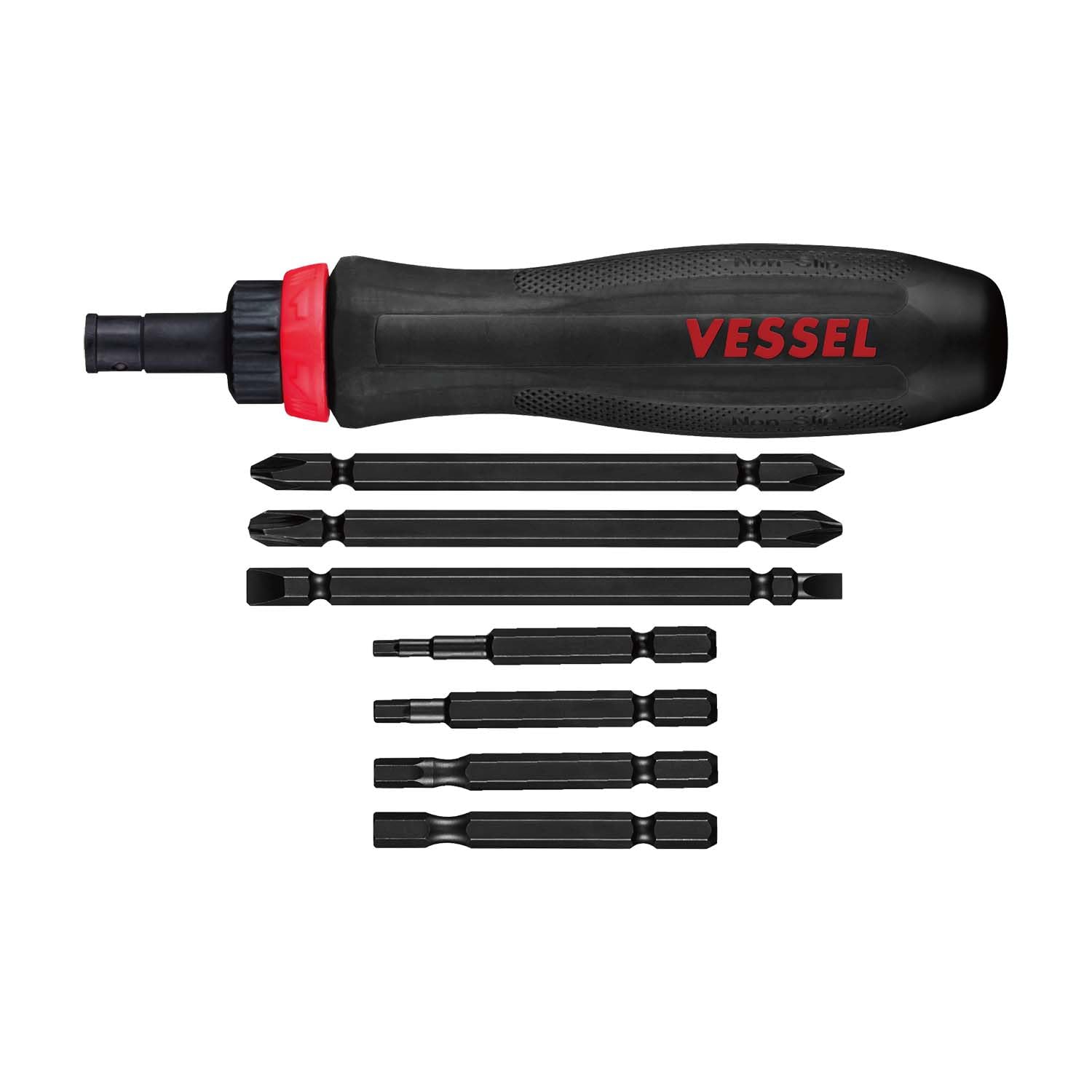 VESSEL Mega Drive Сменная трещоточная отвертка с 7 насадками и чехлом 900RT-7P чёрный