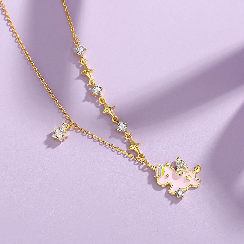Tichia Rainbow Unicorn Necklace: S925 Silver Starry Collarbone Chain for Women