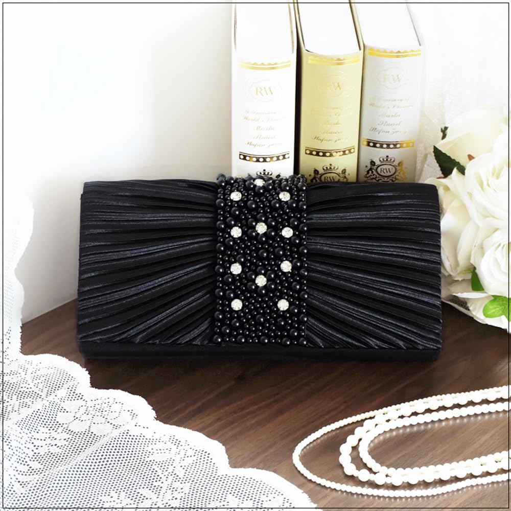 GRAXIA Cabaret Clutch Bag for Women, Party Bag, Wedding, Reception, Guest, Satin, Beaded, Pearl, Black