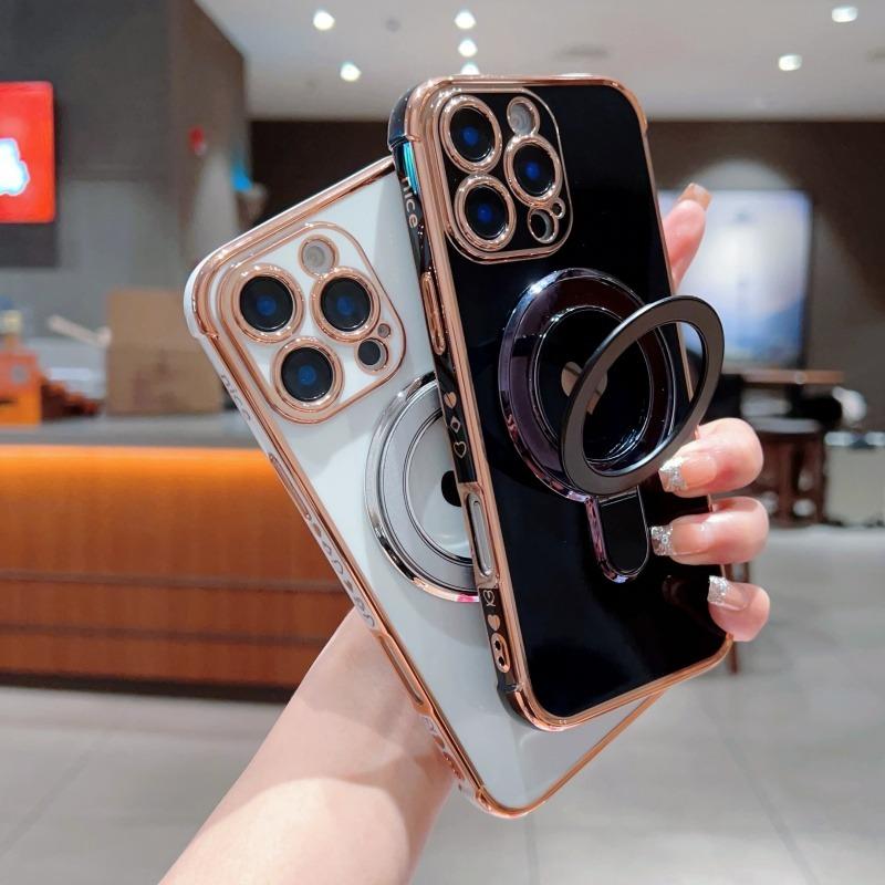 For Magsafe Plating Love Heart Bracket Wavy Case For iPhone 17 Air 16E 15 14 13 12 11 8 Pro Max Plus Magnetic Stand Holder Cover