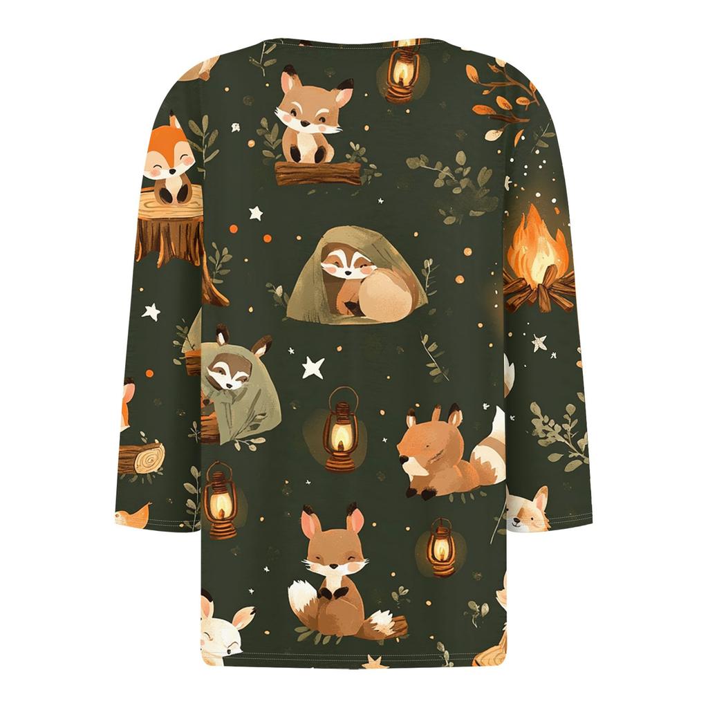Women's Fashion Button V-Neck Seven Sleeve Cute Animal Print Casual Top