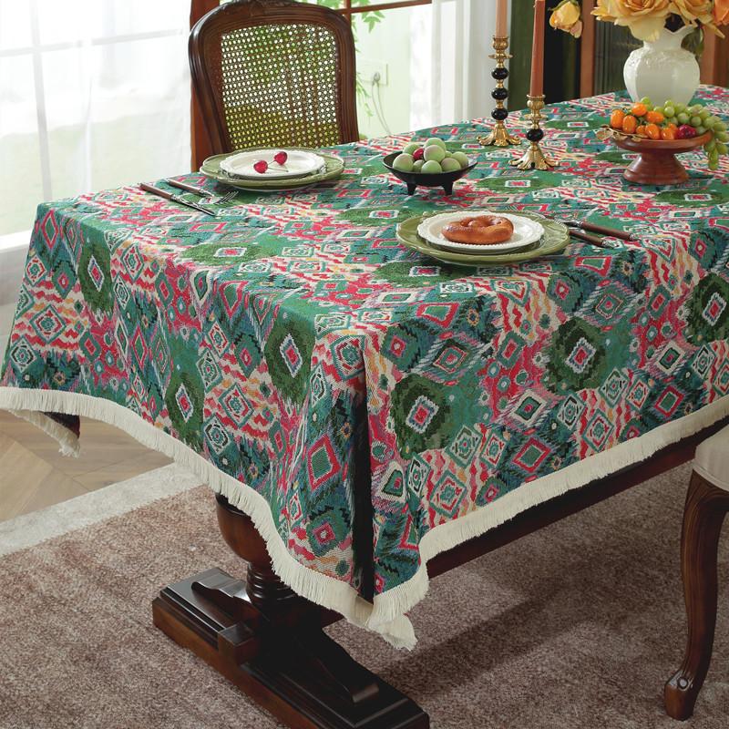 Retro Polyester Cotton Color Woven Jacquard Ethnic Plant Fringed Tablecloth Rectangular Coffee Table Tablecloth Dining Table Cloth