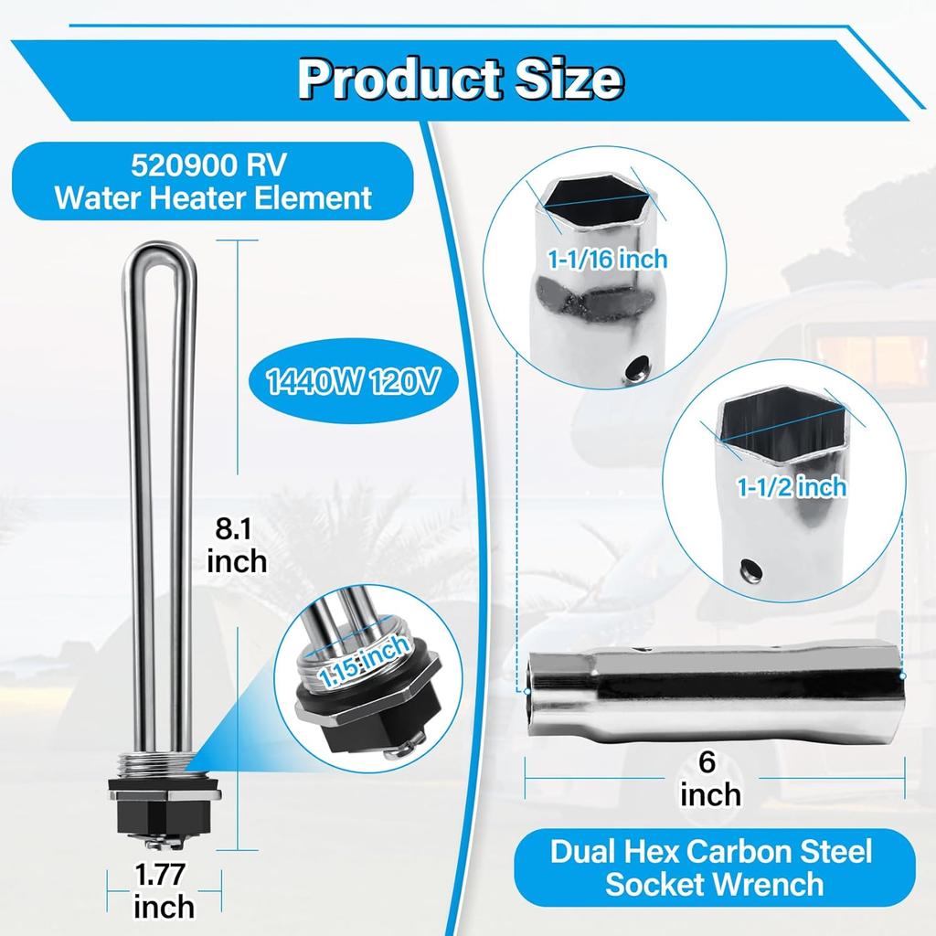 520900 RV Water Heater Element Kit For Suburban RV SW Series Electric Water Heater, Replacement Part 520789 SU520789 232794 Heating Element, Screw-In