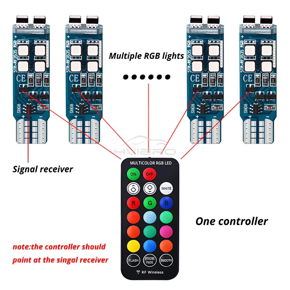 2pcs T10 W5W Remote Control RGB Led Bulb 12V Reading Car Parking Day Lamps License Plates Lamp Dome Turn Signal Clearance Light