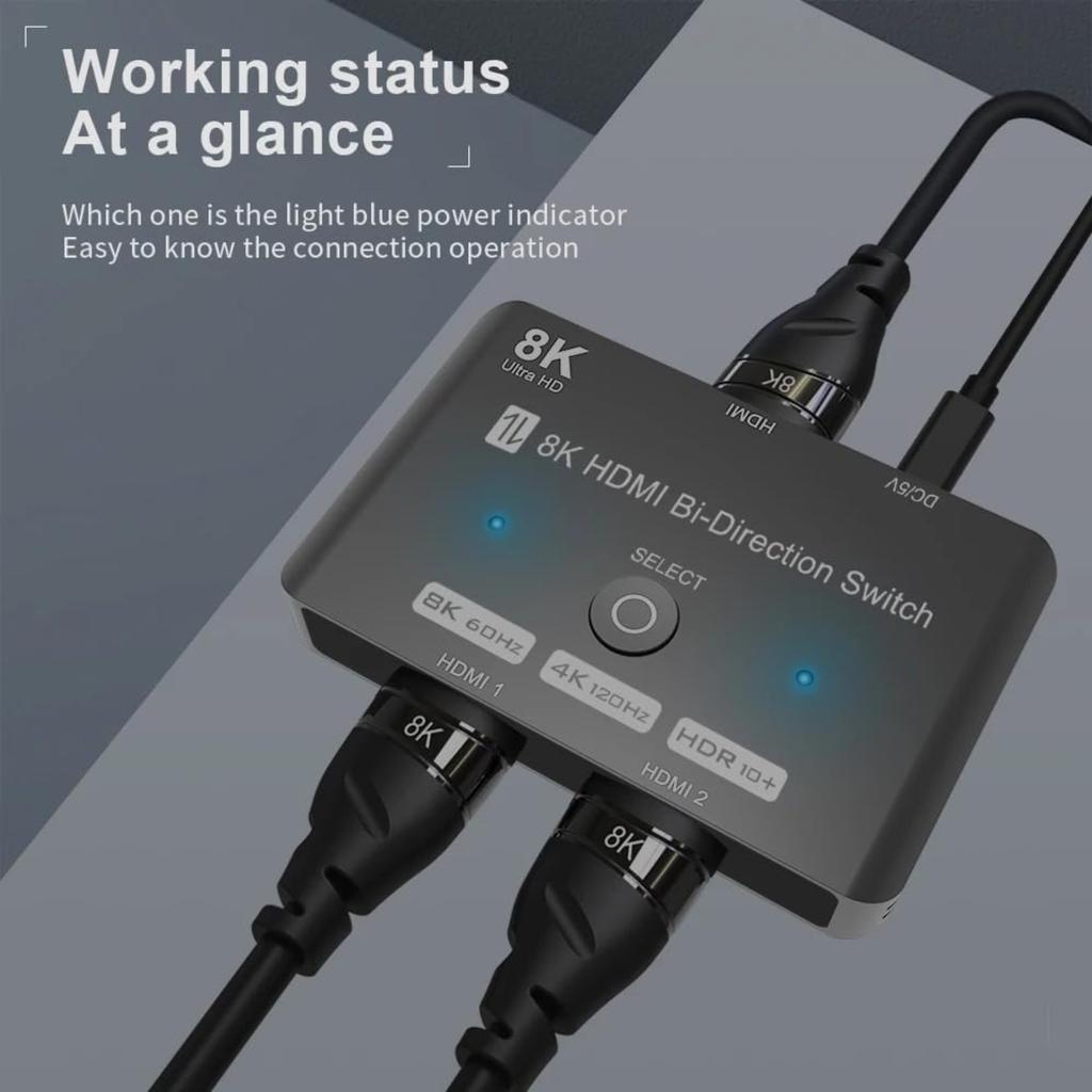 8K HDMI 2.1 Switch Splitter, 2 In 1 Out Bi-Directional Switcher Supported 4K@120Hz 8K@60Hz Aluminum HDMI Switch for PS5 Xbox