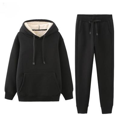 Men's Lamb Fleece Casual Suit Pullover Hooded Sweater Trousers Plus Velvet Thick Loose Warm Two-piece Suit