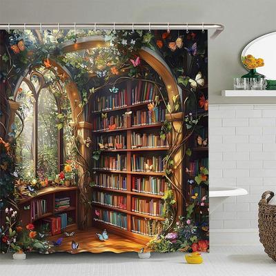 Estante de Livros da Biblioteca Cortina de Chuveiro Borboleta Fantasia Selva Floresta Cipó Planta Verde Flor Estante Educacional Vintage Livros