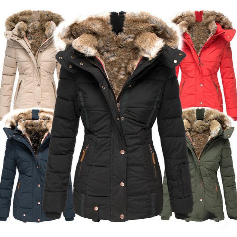 

Winter Casual Warm Fur Collar Zipper Button Cardigan Long Sleeved Slim Coat Hooded XS червоний