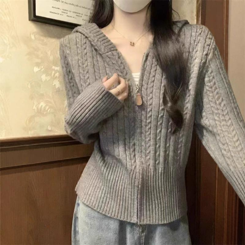Autumn and Winter Twist Zipper Hooded Knitted Cardigan Sweater Women's Gentle Wind Sweet Sister Thin Knitted Cardigan Top