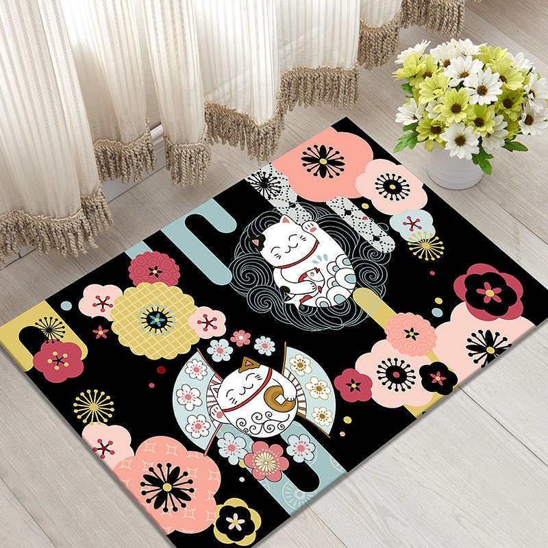 Lucky Cat Print Doormat Super Absorbent Non-Slip Entrance Rug for Home Decor Japanese Style Waterproof Floor Mat Popular Carpet