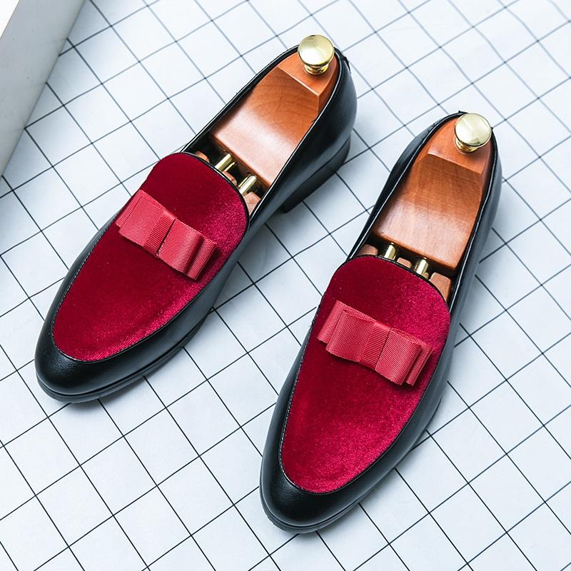 Luxury Designer Gentleman Bowtie Patchwork Slip On Shoes For Men Moccasins Wedding Prom Homecoming Party Footwear Zapatos Hombre