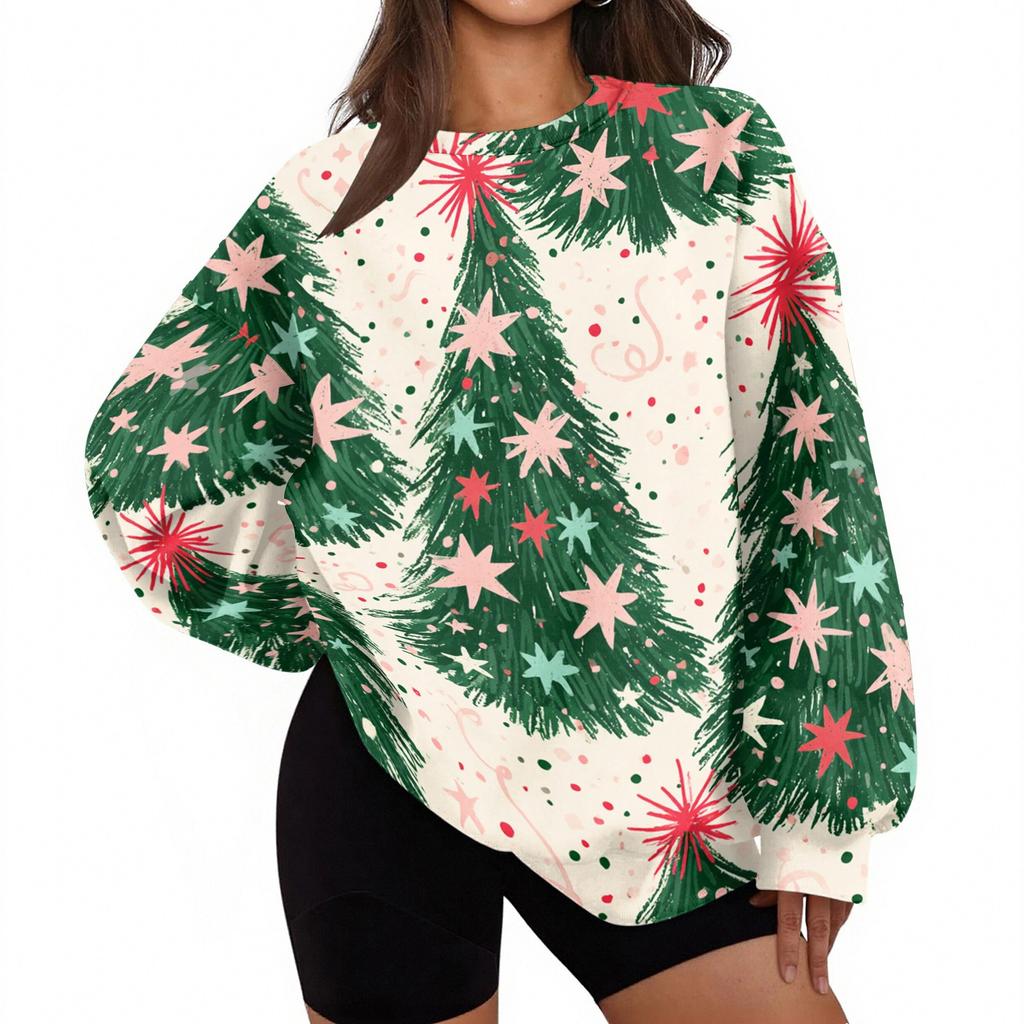 Women's Christmas Print Crewneck Sweatshirt Lightweight Casual Pullover for Holiday