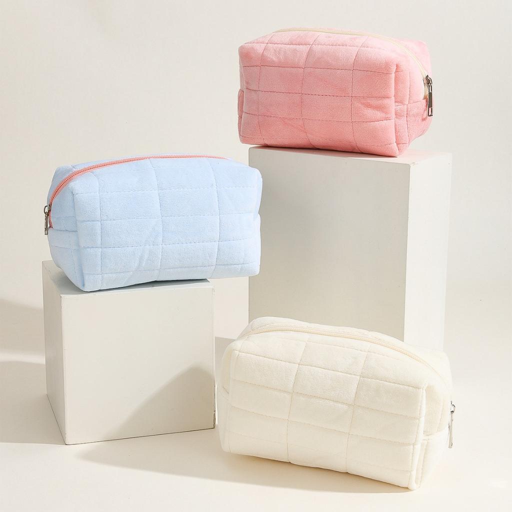 Solid Makeup Color Bag Portable Large Capacity Checkered Travel Storage Wash Bag