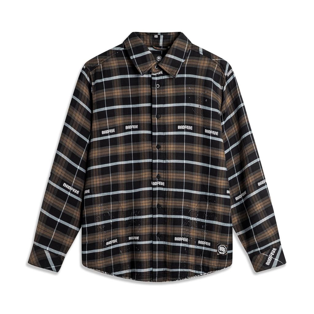 Li Ning BADFIVE Shirt Men's Black Gray Plaid ASHU475-2