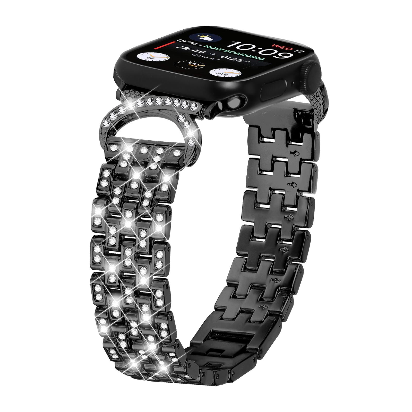 

Bling Band Watch Strap for Apple Watch Series 10 42mm/9 8 7 41mm/SE (2023) SE (2022) SE 6 5 4 40mm/3 2 1 38mm Rhinestone Decor 5-Bead Watch Strap Black