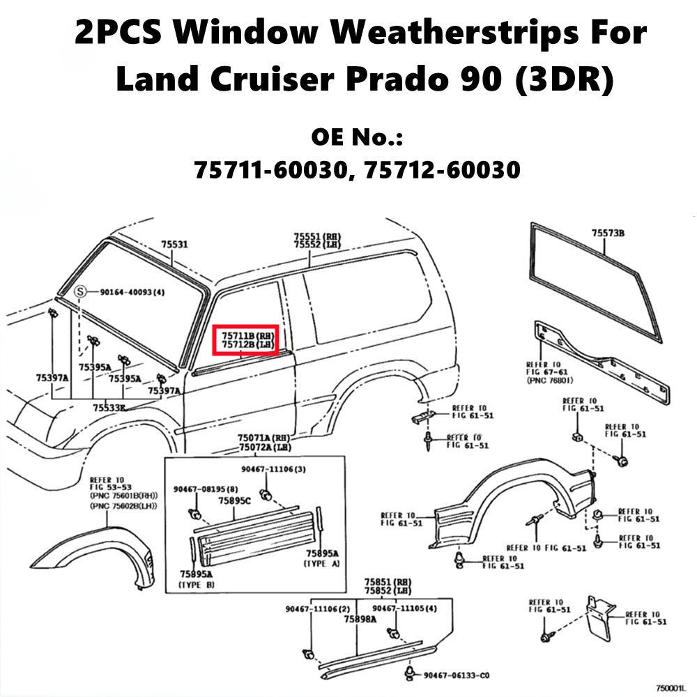 Toyota Land Cruiser LC90 1996-2002 Window Trim Rubber Strip