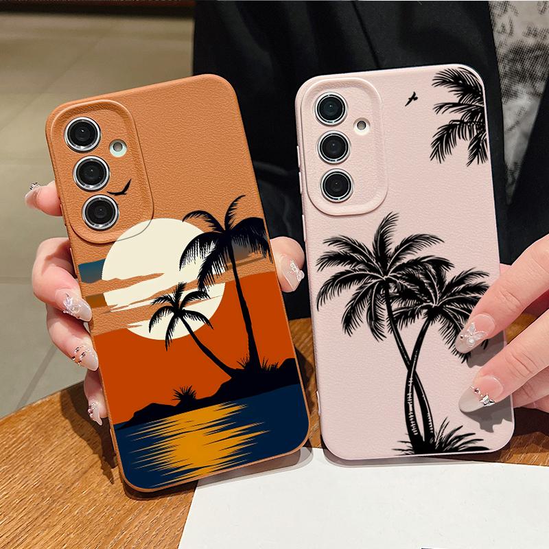 Creative Coconut Sunset Print Case For Samsung S26 S25 S24 Ultra S23 S22 S21 FE A15 A16 A17 A35 A36 A37 A54 A55 A56 A57 5G Leather Texture Cover