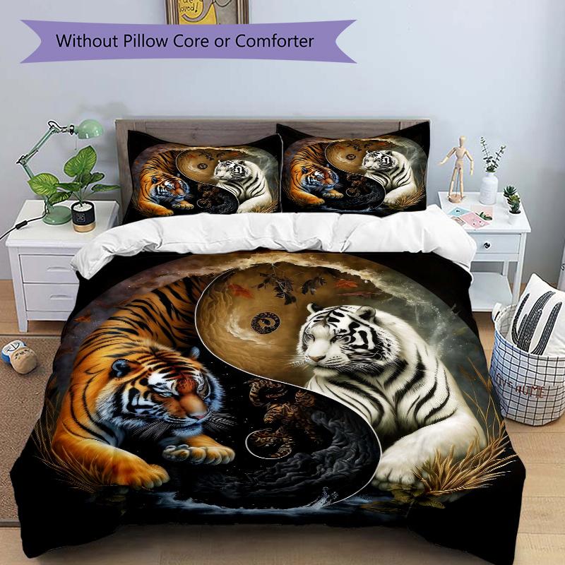 3pcs Orange and White Tigers in Balance Pattern Bedding Set, 1* Cover + 2*Pillowcases, Printed Bedding Set, Soft 135x200cm