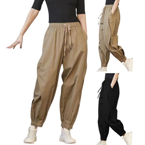 Lady Harem Pants Loose Elastic Waist Solid Color Drawstring Pockets Streetwear Deep Crotch Ankle Banded Aesthetic Lady Cargo Trousers Women Clothing