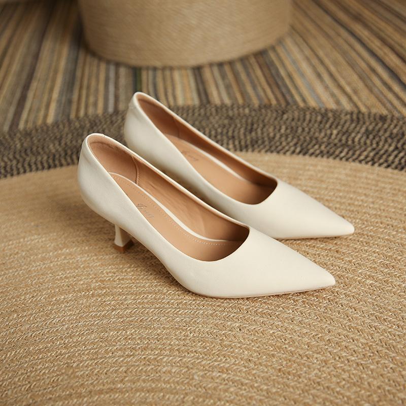 3351-18 French Solid Color Thin Heel Pointed High Heels Women's 2025 Professional Simple and Comfortable Work Shoes Single Shoes Women