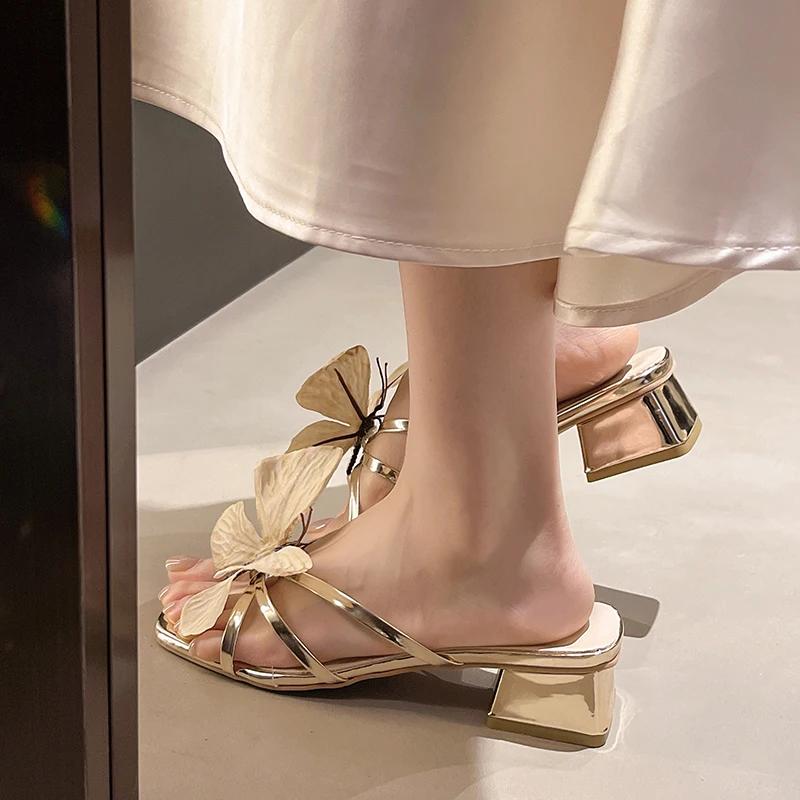 Fashion 2025 Fashion Ladies Shoes Peep Toe Women's Slippers Summer Outdoor Dress Plus Size Butterfly Decoration Best Seller High Heels