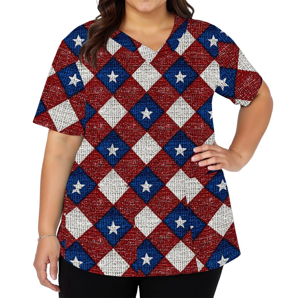 Camisa de Trabalho Casual da Moda Feminina com Estampa da Bandeira Americana e Estrelas para o Dia da Independência, Gola V, Manga Curta, Fendas Laterais Duplas e Bolsos