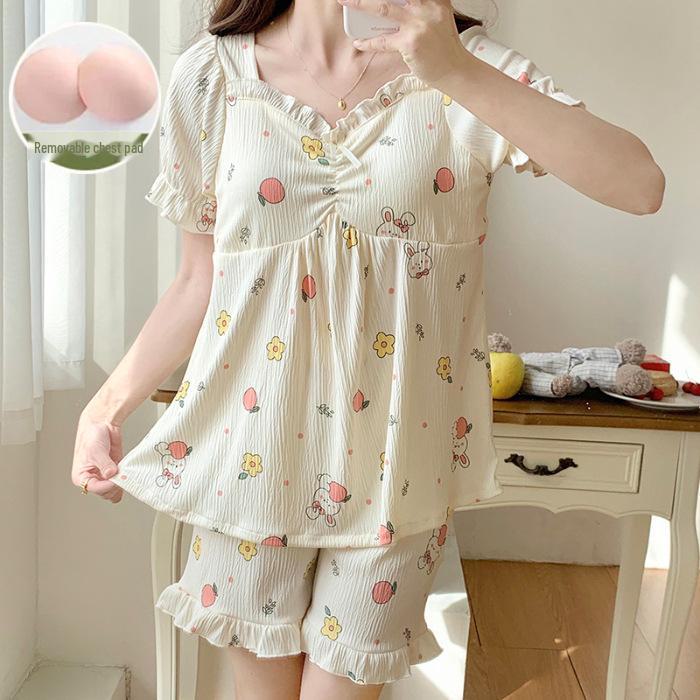 "Women's Summer Pajama Set with Chest Pads: Wrinkle-Resistant, Short Sleeves, Korean-Style, Sweet & Cute"