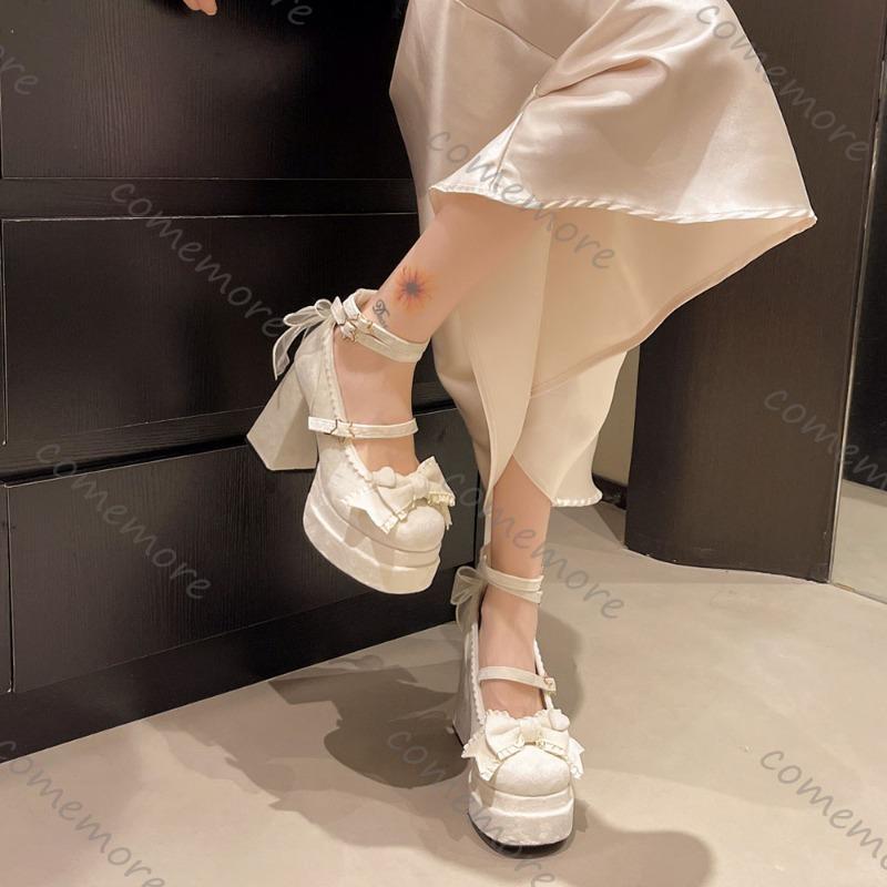 Fashion Comemore Spring Autumn New Women's Pumps 11cm High Heeled Leather Single Shoes Fashion Girls Platform Bow Lolita Mary Jane Shoes