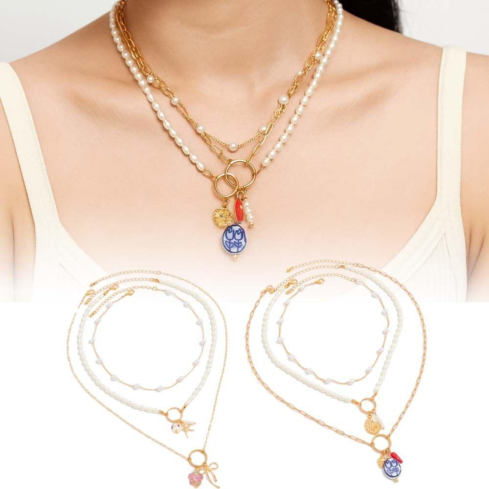 3pcs/set Trendy Multilayer Pearl Necklace Bohemian Style Starfish Choker Conch Clavicle Chain  Women