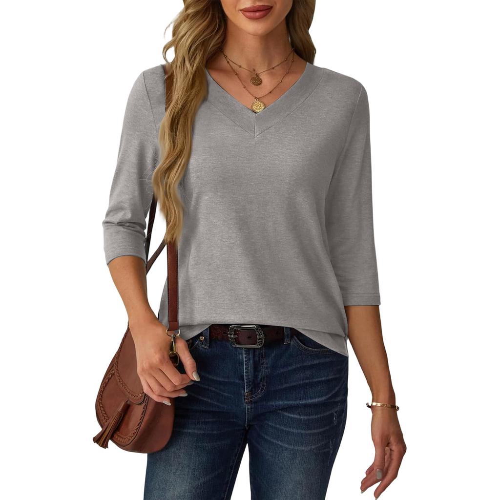 Women's Casual Loose Fit V Neck Pullover Top Three Quarter Sleeve Lightweight Blouse for Everyday Wear