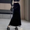 Elegant Black High-Waisted Velvet Lace Midi Skirt with Slit for Women