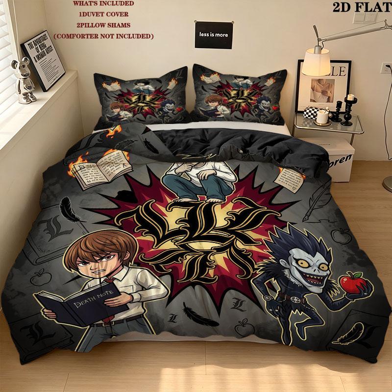 סט מצעים עם דוגמת Death Note, שמיכה, כיסוי שמיכה, ציפית לכרית, מתנת יום הולדת לבית(1 * כיסוי שמיכה + 2 * ציפות, ללא ליבה)