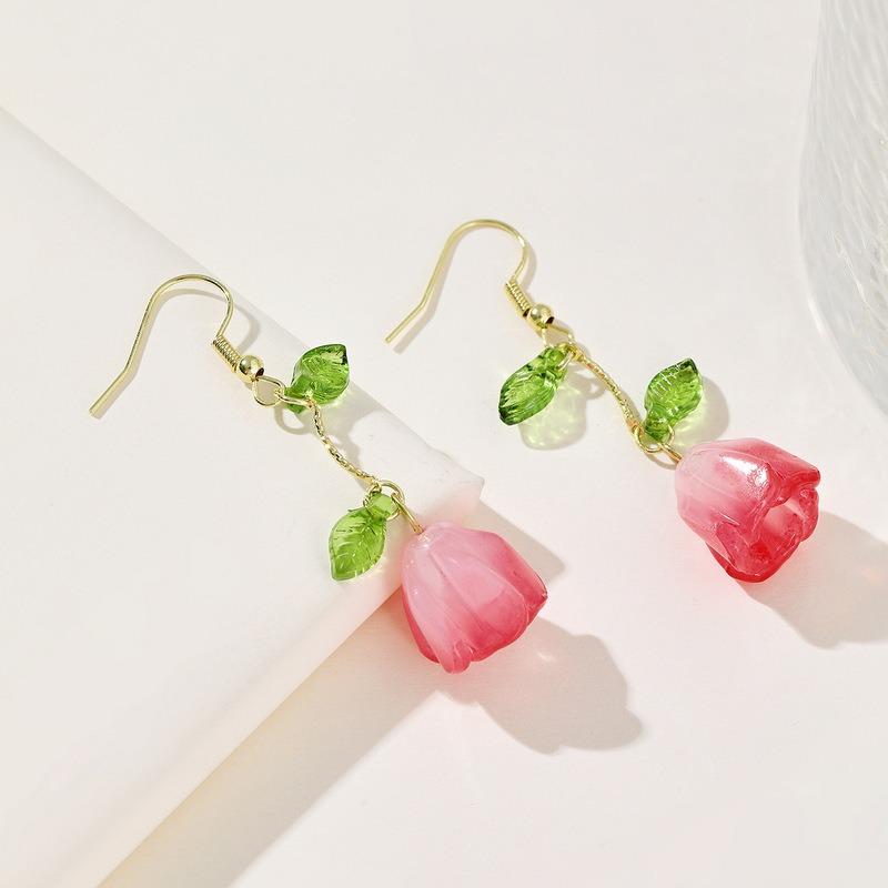 Korean Pink Tulip Flower Pendant Earrings for Women Fashion Elegant Temperament Pearl Earrings Jewelry Accessories