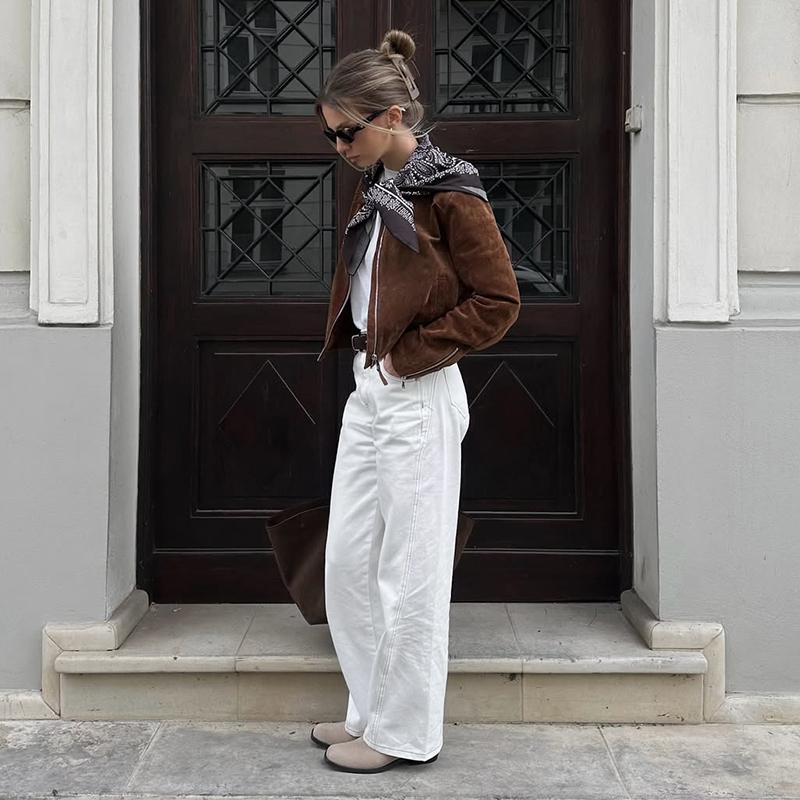 Turndown Collar Zipper Long Sleeve Brown Suede Jacket Windproof Warm Women's Retro Short Jacket Spring and Autumn