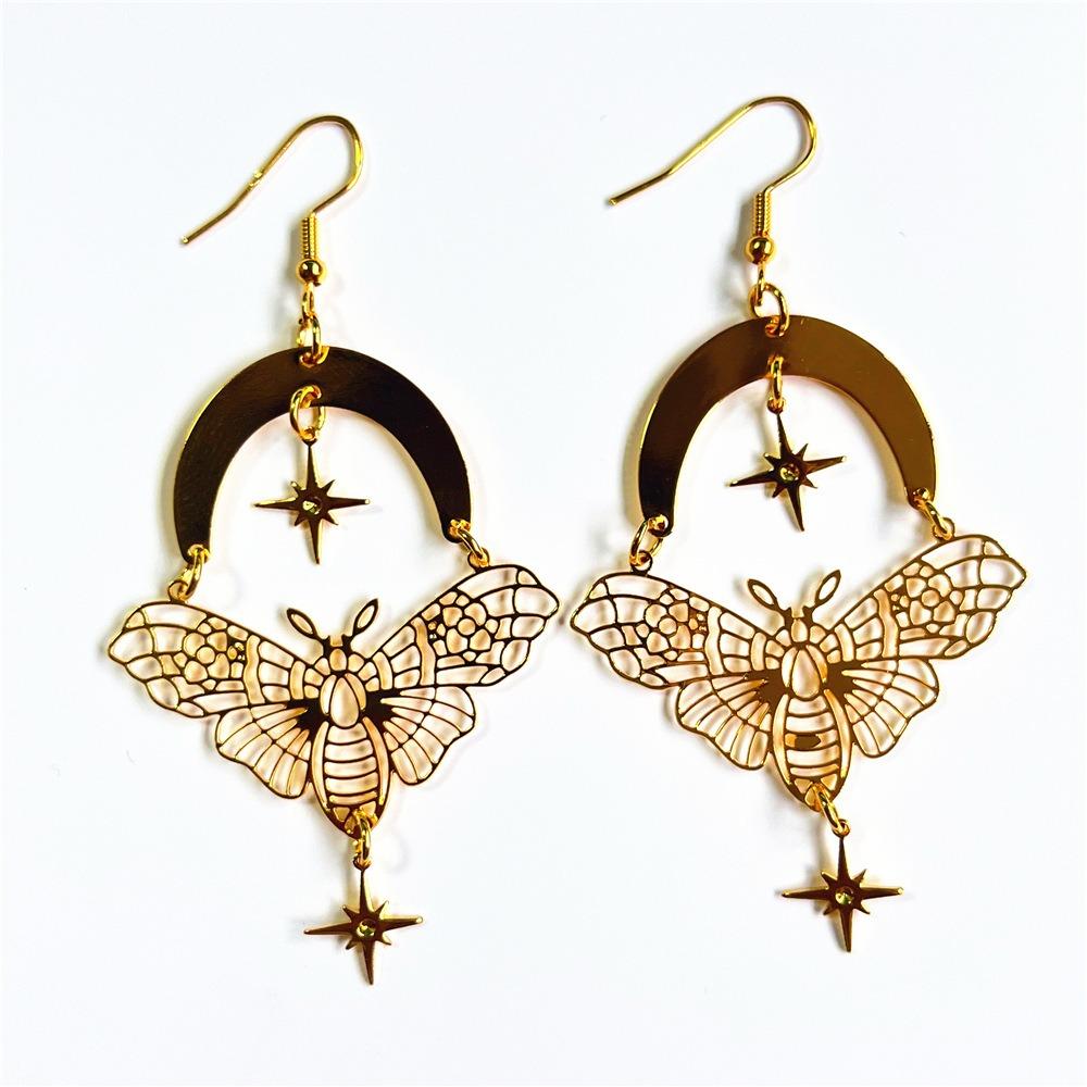 Exaggerate Retro Gold Color Stars Moon Hollowed-out Moth Pendant Stainless Steel Dangle Earrings for Women Charms Jewelry Gifts