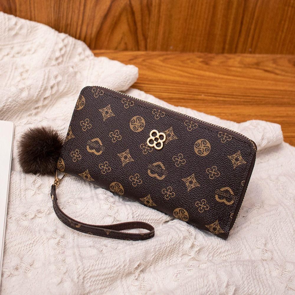 Portable Women Long Wallet Large Capacity PU Leather Zipper Coin Purse Long Clutch Bag Fluffy Ball and Printed Decoration