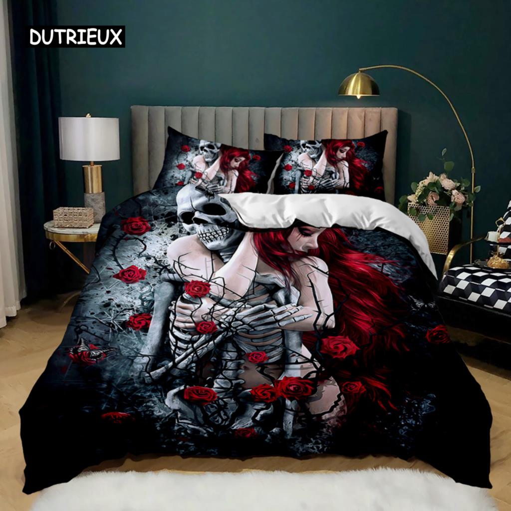 Skull Duvet Cover Red Rose Skeleton Queen Floral Skeleton Traditional Mexican Halloween Double Queen King Polyester Qulit Cover