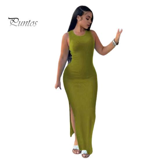 

Летнее женское платье без рукавов с разрезным подолом, однотонное, с круглым вырезом, эластичное платье с высокой талией, длиной до щиколотки, облегающее однотонное вечернее клубное платье макси L зелёный