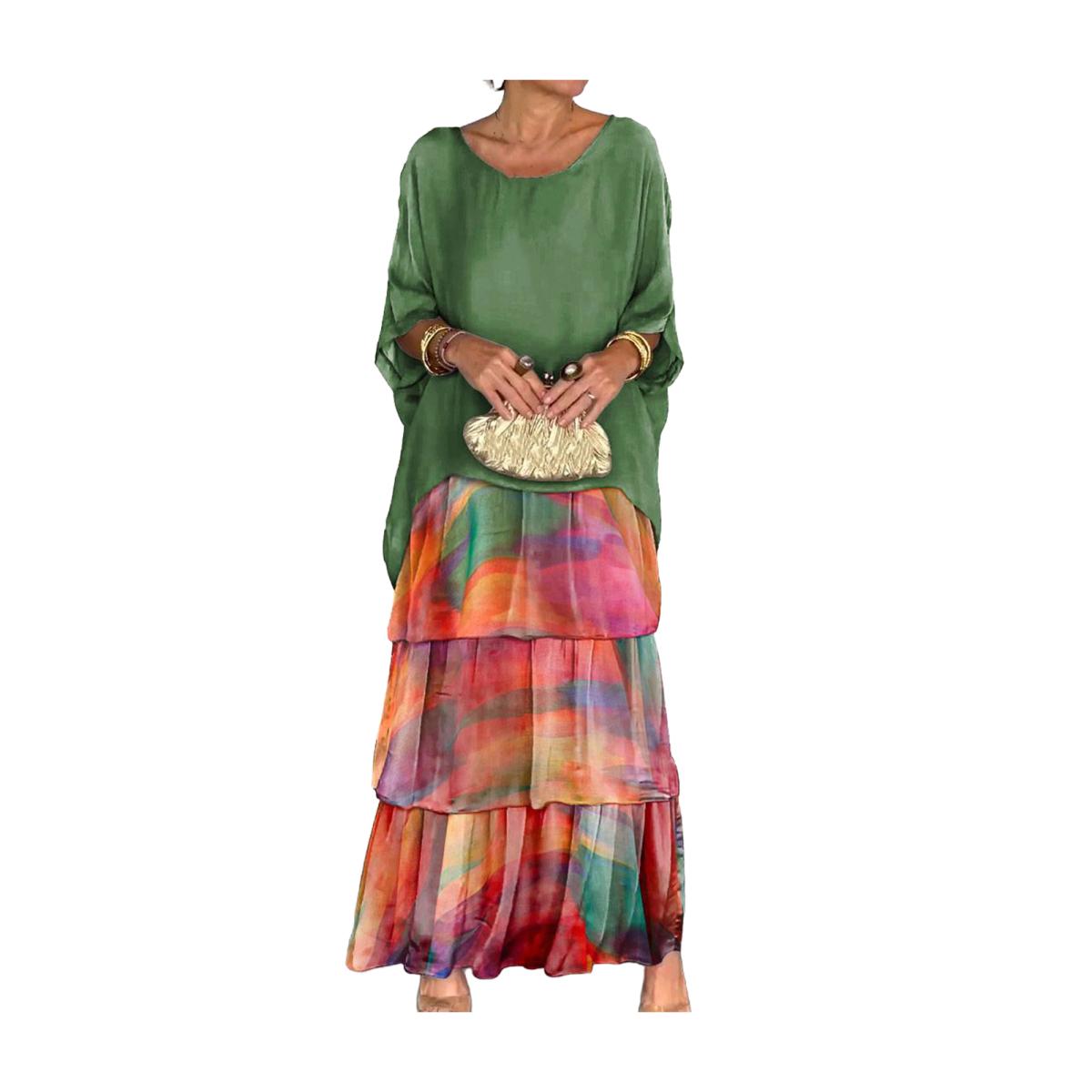 

Вечірня сукня з багатошаровим розкиданим подолом, контрастним кольоровим принтом, напіврукавами, максі-сукня з рукавами-долманами, мішкувата шифонова сукня з круглим вирізом для вечірки на випускний XL